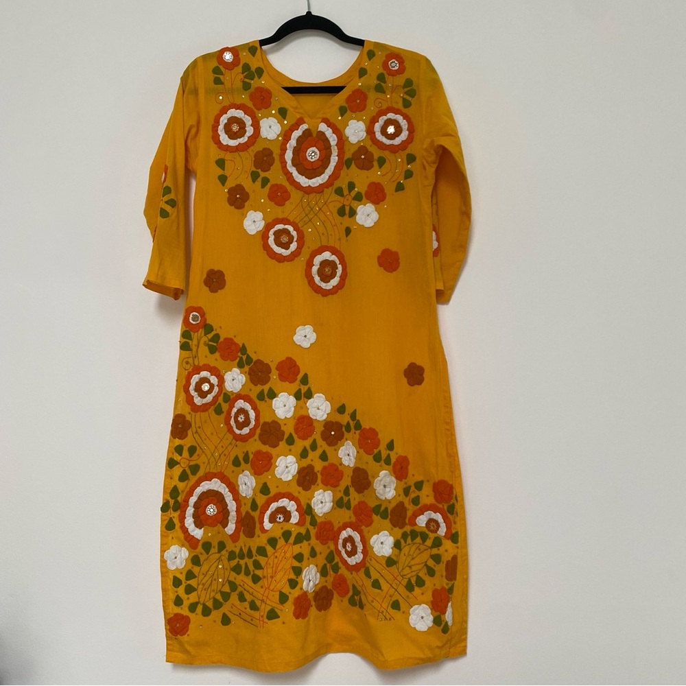 Embroidered Cotton Bohemian Festival Overlay Tunic Top Yellow S-M